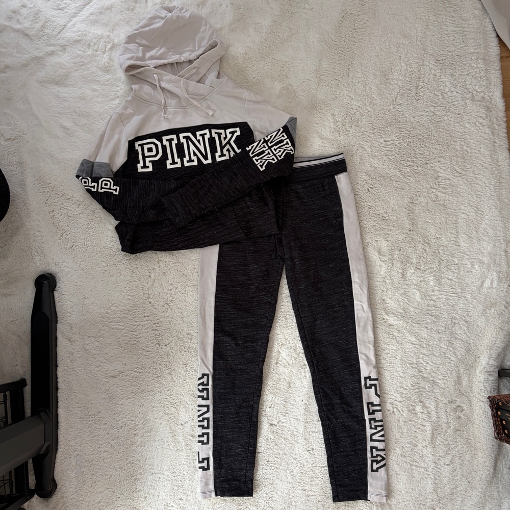 PINK Victoria's Secret Black and Cream Hoodie Jogger Lounge Set
